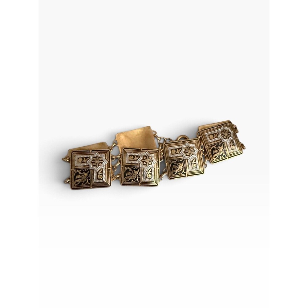 Vintage Damascene Gold Tone Safety Chain Square Link Bracelet